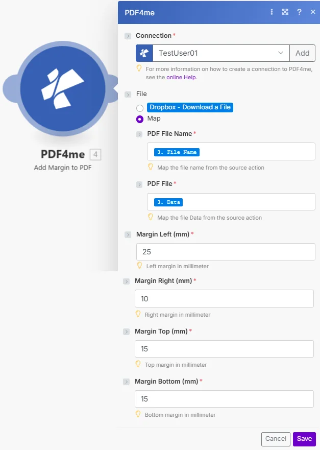 Klik untuk memperbesar Buat modul PDF4me Add Margin to PDF yang menunjukkan Koneksi diatur ke Koneksi PDF4me saya, File diatur ke Petakan dengan Nama File PDF dan File PDF yang dipetakan dari langkah 1, Margin Kiri mm diatur ke 25, Margin Kanan mm diatur ke 10, Margin Atas mm diatur ke 15, Margin Bawah mm diatur ke 15